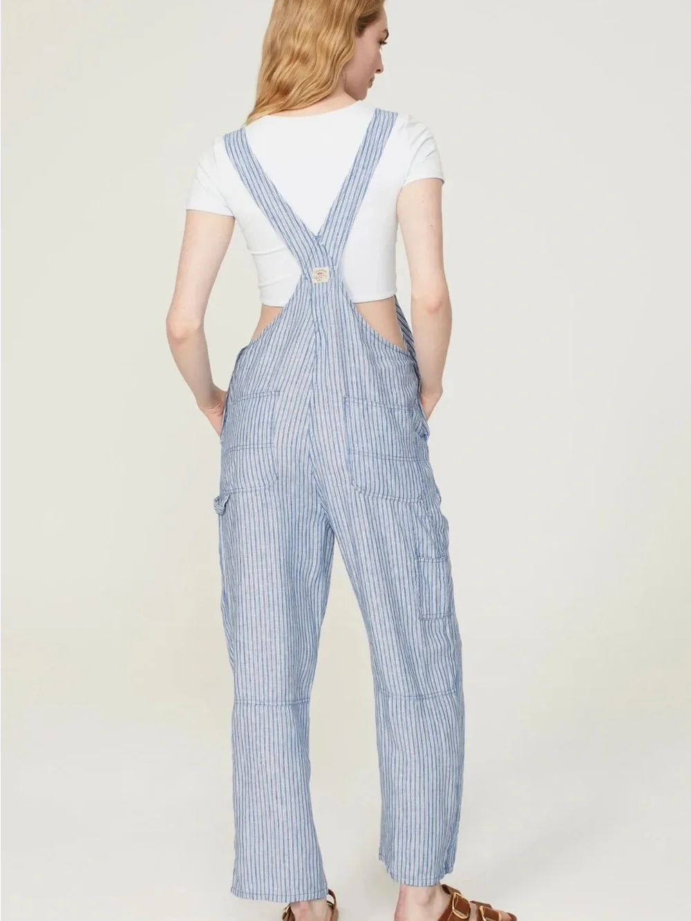 Faherty Blue & White linen railroad stripe Overalls - Picture 3 of 10